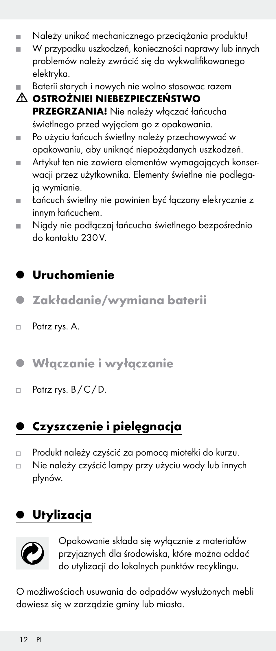 Uruchomienie zakładanie/wymiana baterii, Włączanie i wyłączanie, Czyszczenie i pielęgnacja | Utylizacja | Melinera Z30893A/Z30893C/Z30893F User Manual | Page 12 / 40