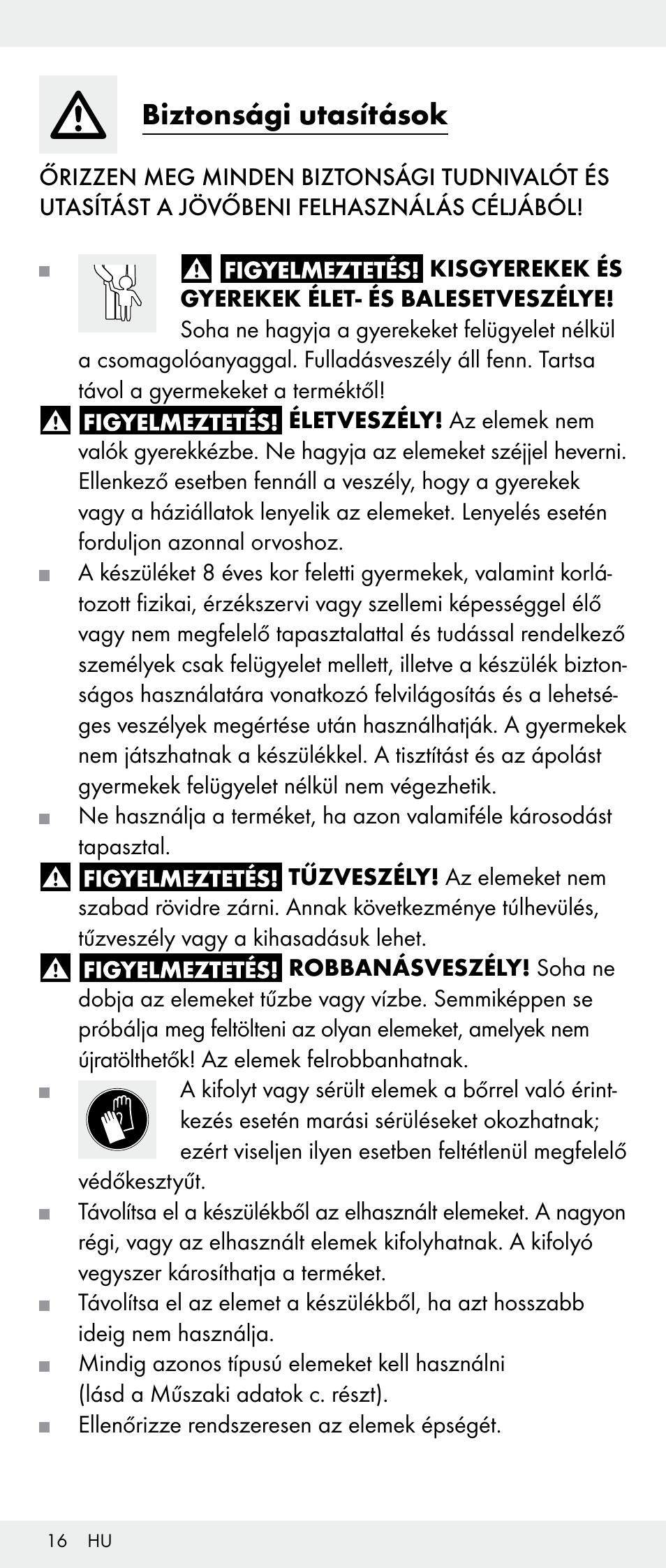 Biztonsági utasítások | Melinera Z30893A/Z30893C/Z30893F User Manual | Page 16 / 40