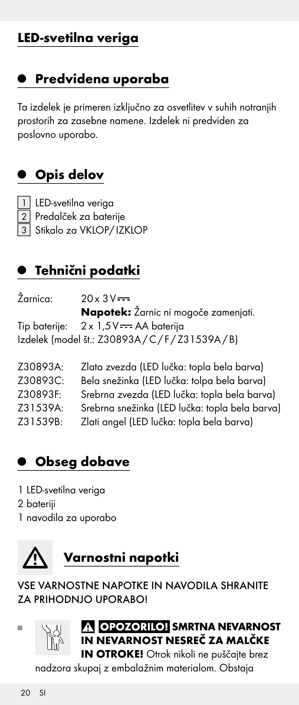 Led-svetilna veriga predvidena uporaba, Opis delov, Tehnični podatki | Obseg dobave, Varnostni napotki | Melinera Z30893A/Z30893C/Z30893F User Manual | Page 20 / 40