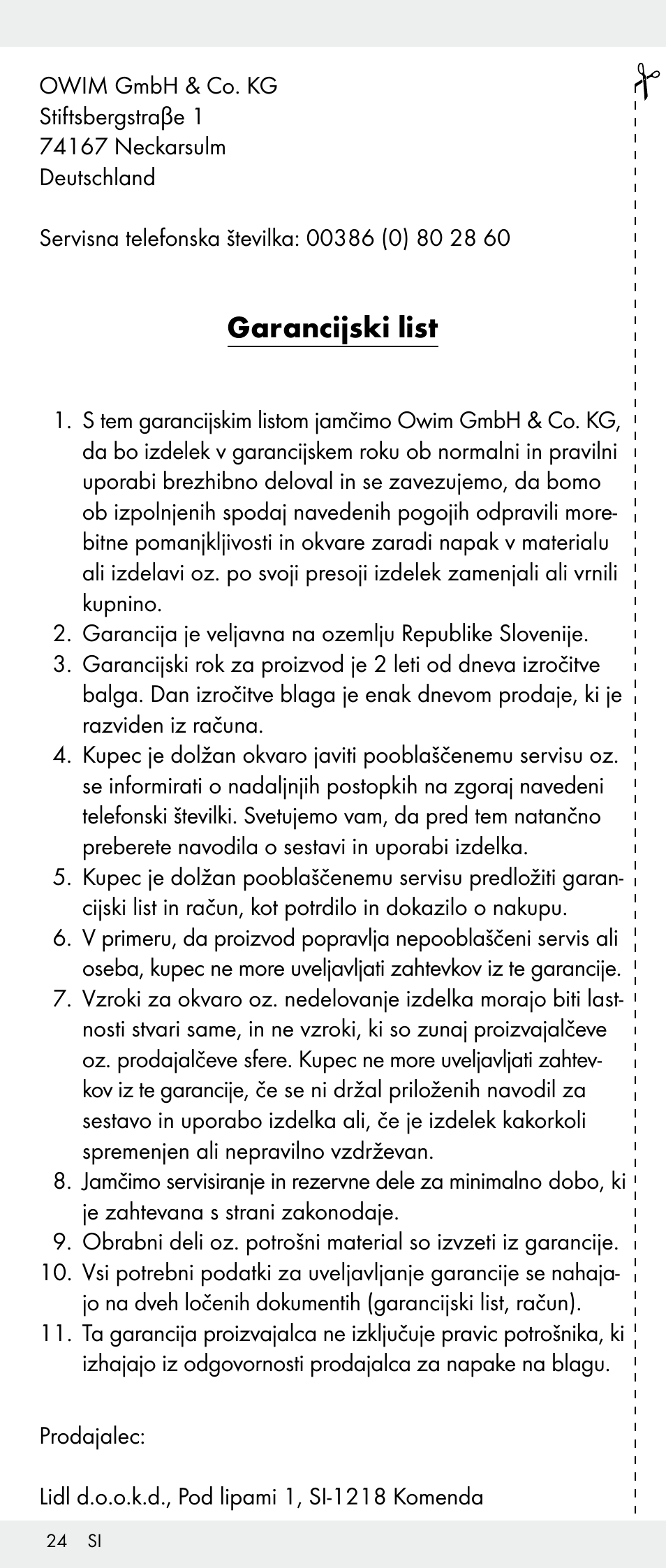 Garancijski list | Melinera Z30893A/Z30893C/Z30893F User Manual | Page 24 / 40