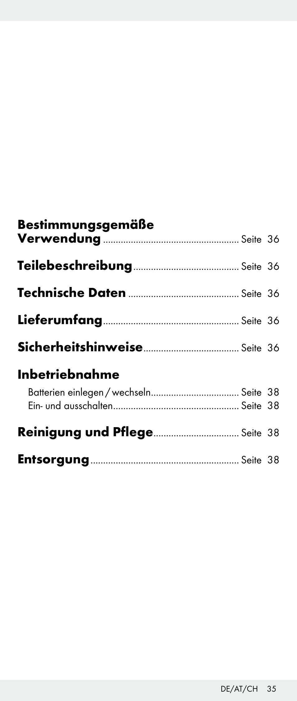 Bestimmungsgemäße verwendung, Teilebeschreibung, Technische daten | Lieferumfang, Sicherheitshinweise, Inbetriebnahme, Reinigung und pflege, Entsorgung | Melinera Z30893A/Z30893C/Z30893F User Manual | Page 35 / 40