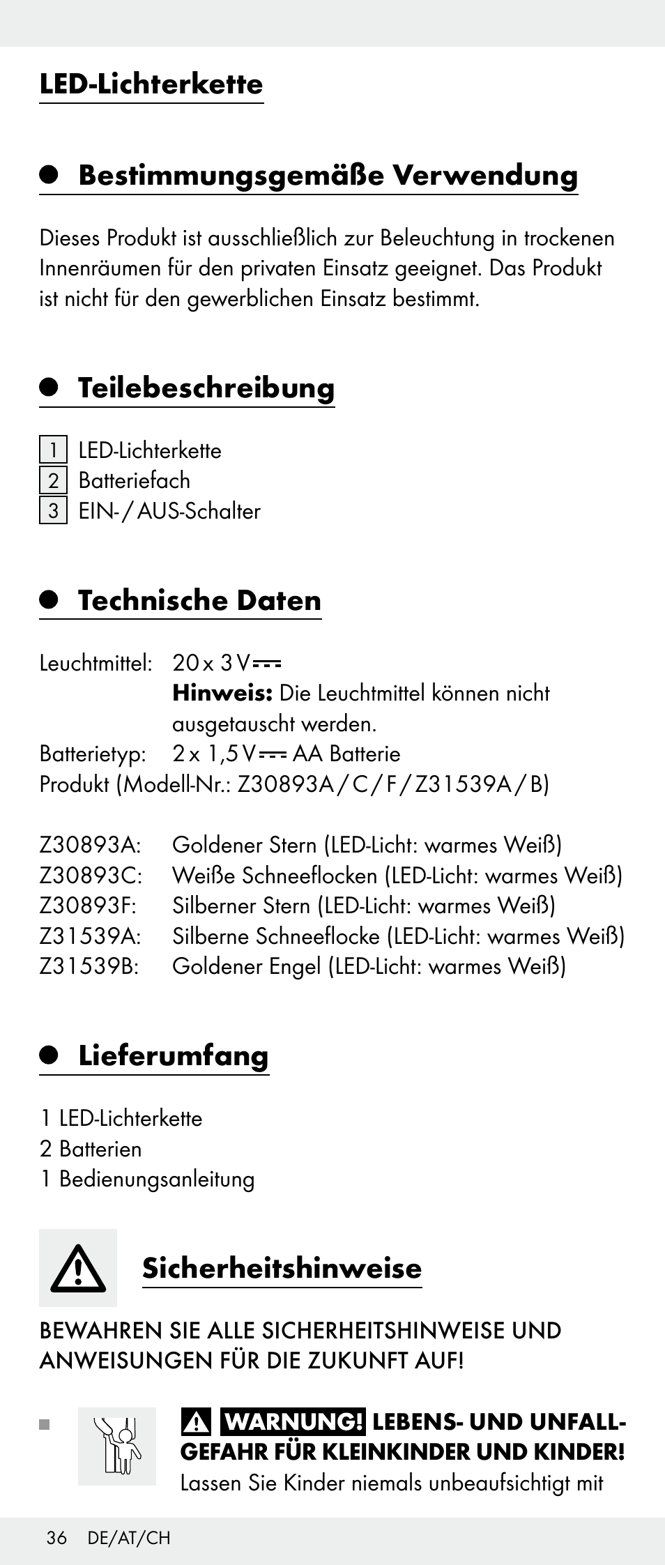 Led-lichterkette bestimmungsgemäße verwendung, Teilebeschreibung, Technische daten | Lieferumfang, Sicherheitshinweise | Melinera Z30893A/Z30893C/Z30893F User Manual | Page 36 / 40
