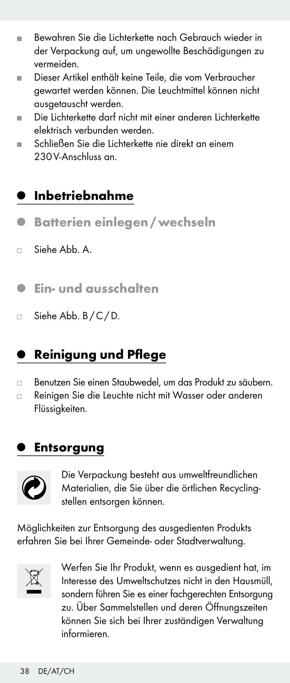 Inbetriebnahme batterien einlegen / wechseln, Ein- und ausschalten, Reinigung und pflege | Entsorgung | Melinera Z30893A/Z30893C/Z30893F User Manual | Page 38 / 40