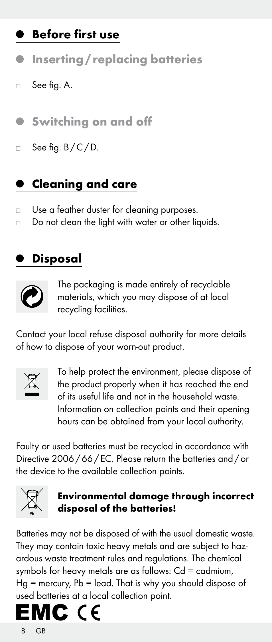 Before first use inserting / replacing batteries, Switching on and off, Cleaning and care | Disposal | Melinera Z30893A/Z30893C/Z30893F User Manual | Page 8 / 40