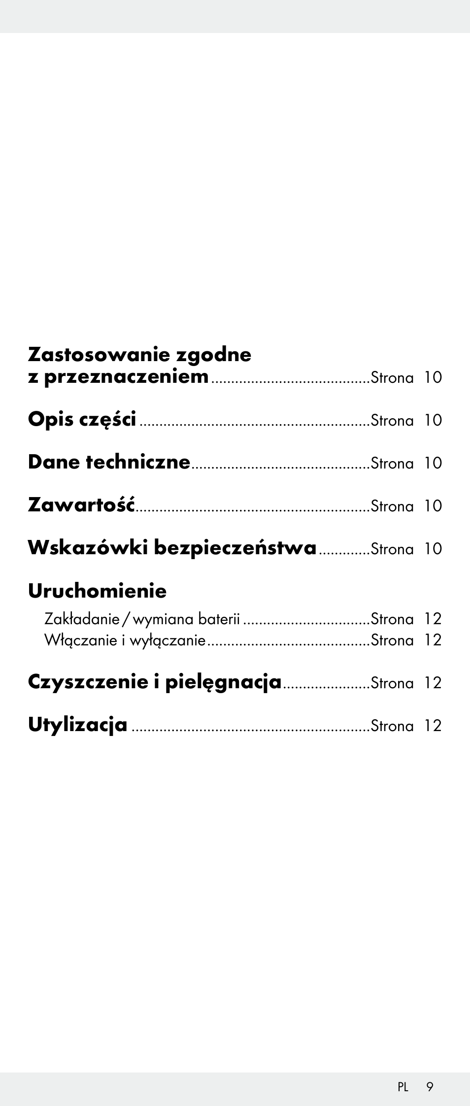 Zastosowanie zgodne z przeznaczeniem, Opis części, Dane techniczne | Zawartość, Wskazówki bezpieczeństwa, Uruchomienie, Czyszczenie i pielęgnacja, Utylizacja | Melinera Z30893A/Z30893C/Z30893F User Manual | Page 9 / 40