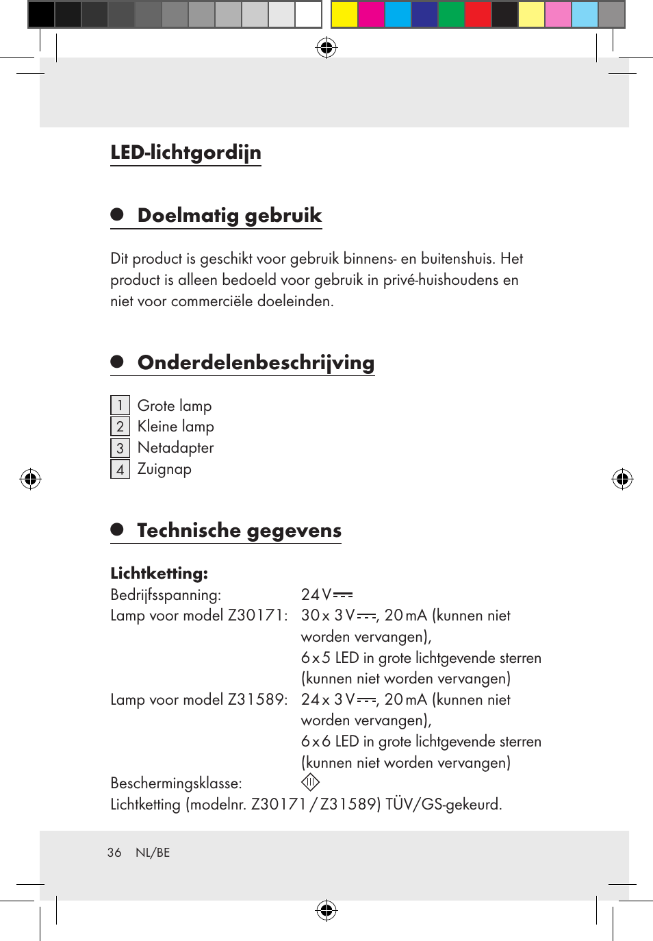 Led-lichtgordijn, Doelmatig gebruik, Onderdelenbeschrijving | Technische gegevens | Melinera Z30171-BS/Z31589-BS User Manual | Page 36 / 49