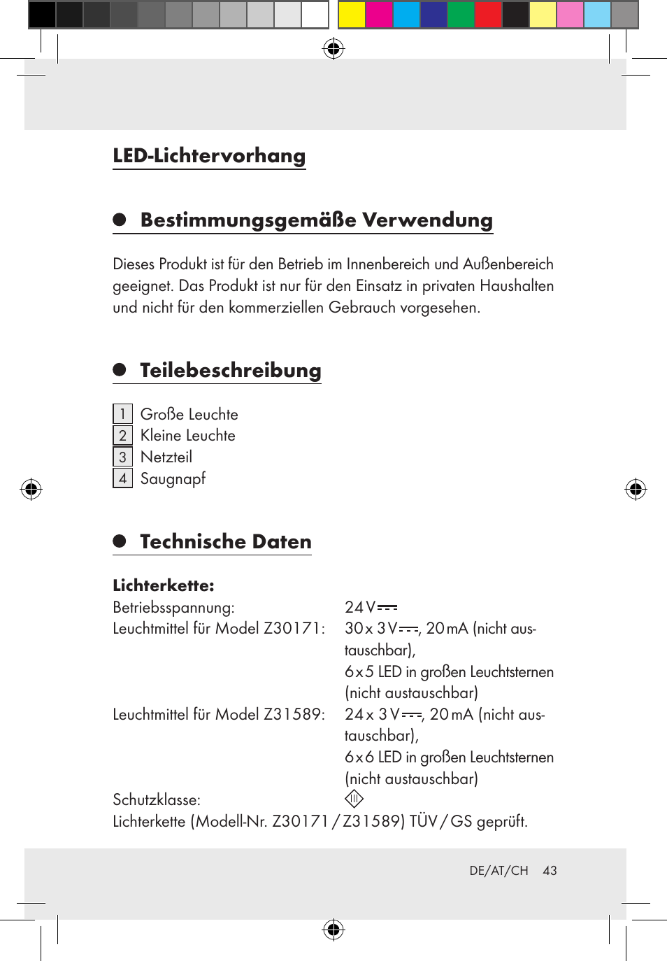 Led-lichtervorhang, Bestimmungsgemäße verwendung, Teilebeschreibung | Technische daten | Melinera Z30171-BS/Z31589-BS User Manual | Page 43 / 49