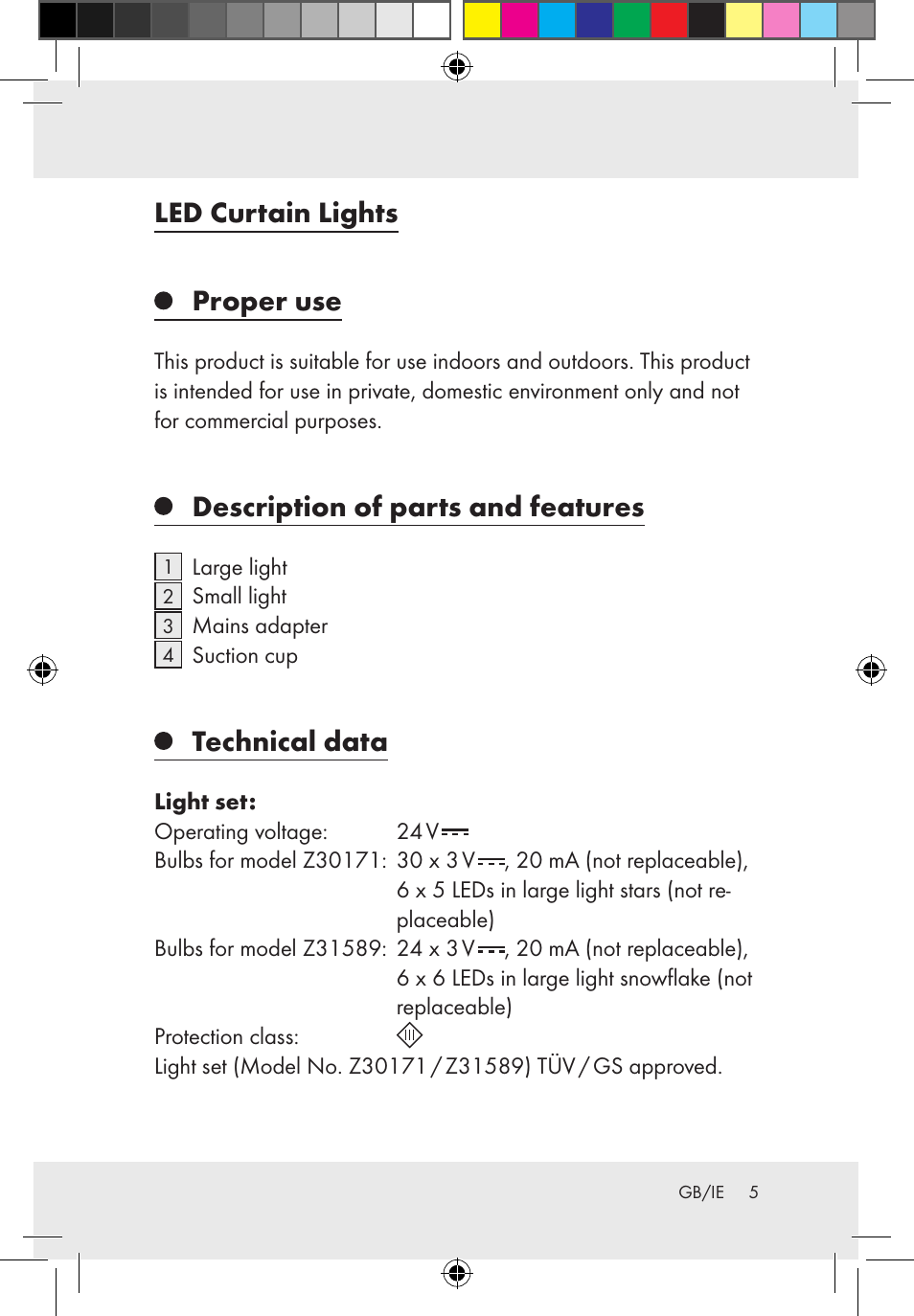 Led curtain lights, Proper use, Description of parts and features | Technical data | Melinera Z30171-BS/Z31589-BS User Manual | Page 5 / 49