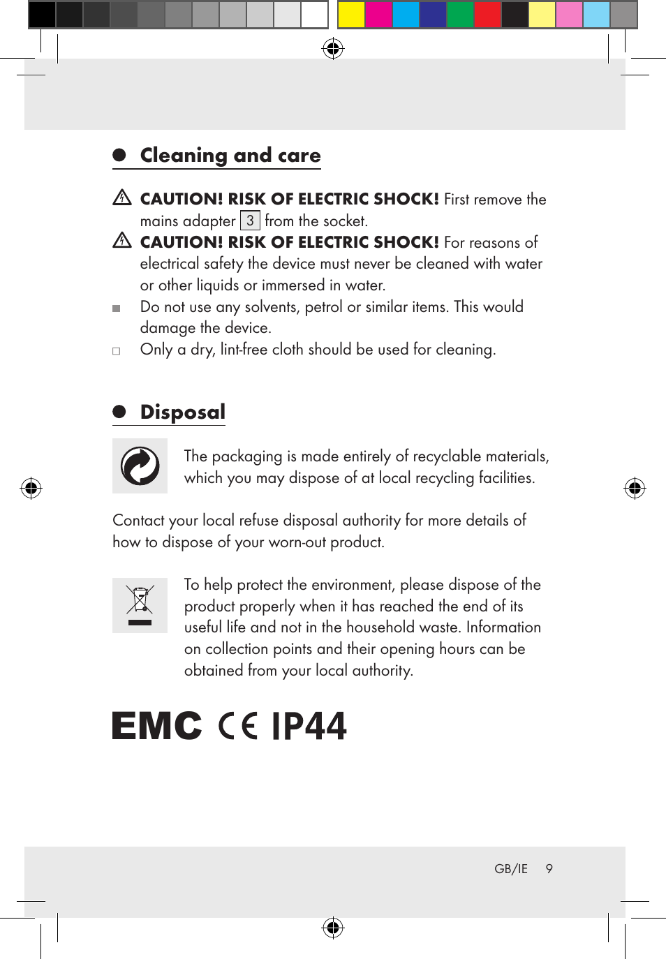 Cleaning and care, Disposal | Melinera Z30171-BS/Z31589-BS User Manual | Page 9 / 49