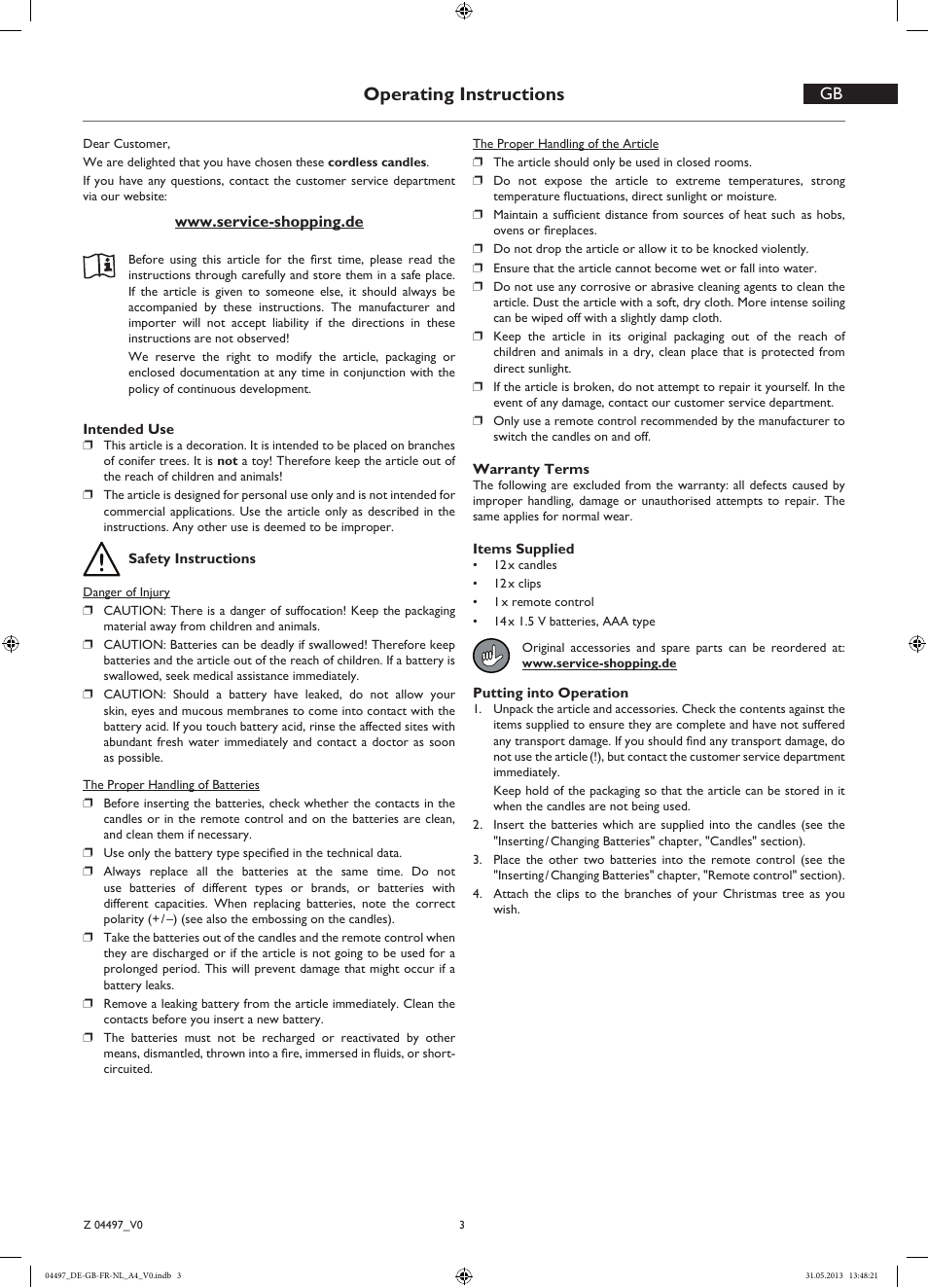 Operating instructions, De gb | Melinera Z04497 User Manual | Page 3 / 8