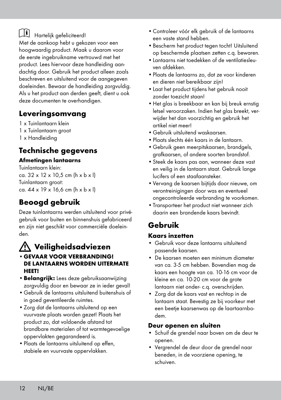 Leveringsomvang, Technische gegevens, Beoogd gebruik | Veiligheidsadviezen, Gebruik | Melinera LS-1662 User Manual | Page 12 / 16