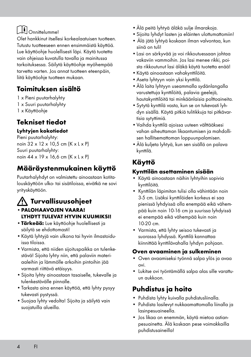 Toimituksen sisältö, Tekniset tiedot, Määräystenmukainen käyttö | Turvallisuusohjeet, Käyttö, Puhdistus ja hoito | Melinera LS-1662 User Manual | Page 4 / 16