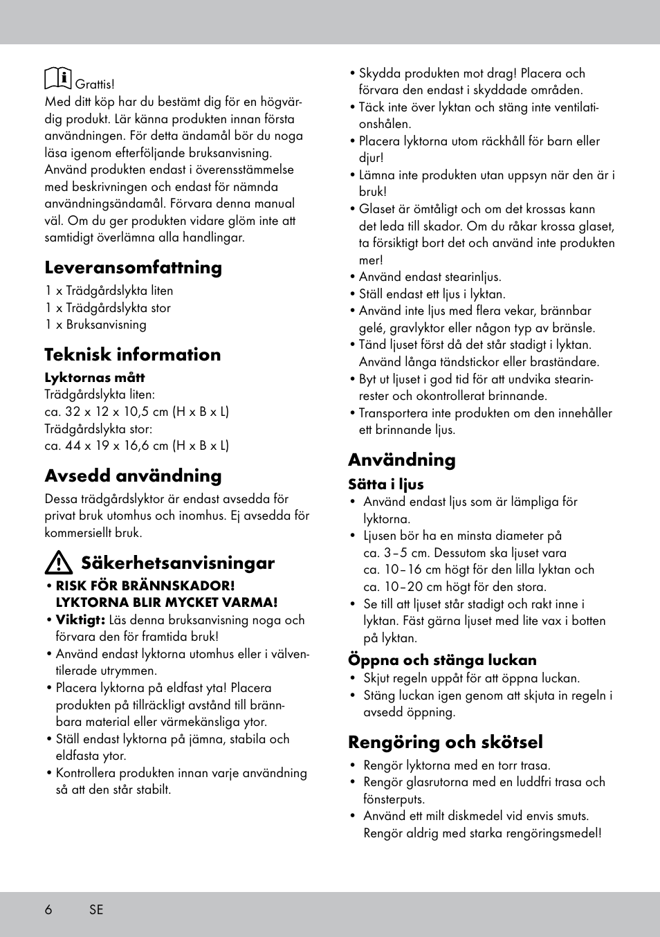 Leveransomfattning, Teknisk information, Avsedd användning | Säkerhetsanvisningar, Användning, Rengöring och skötsel | Melinera LS-1662 User Manual | Page 6 / 16