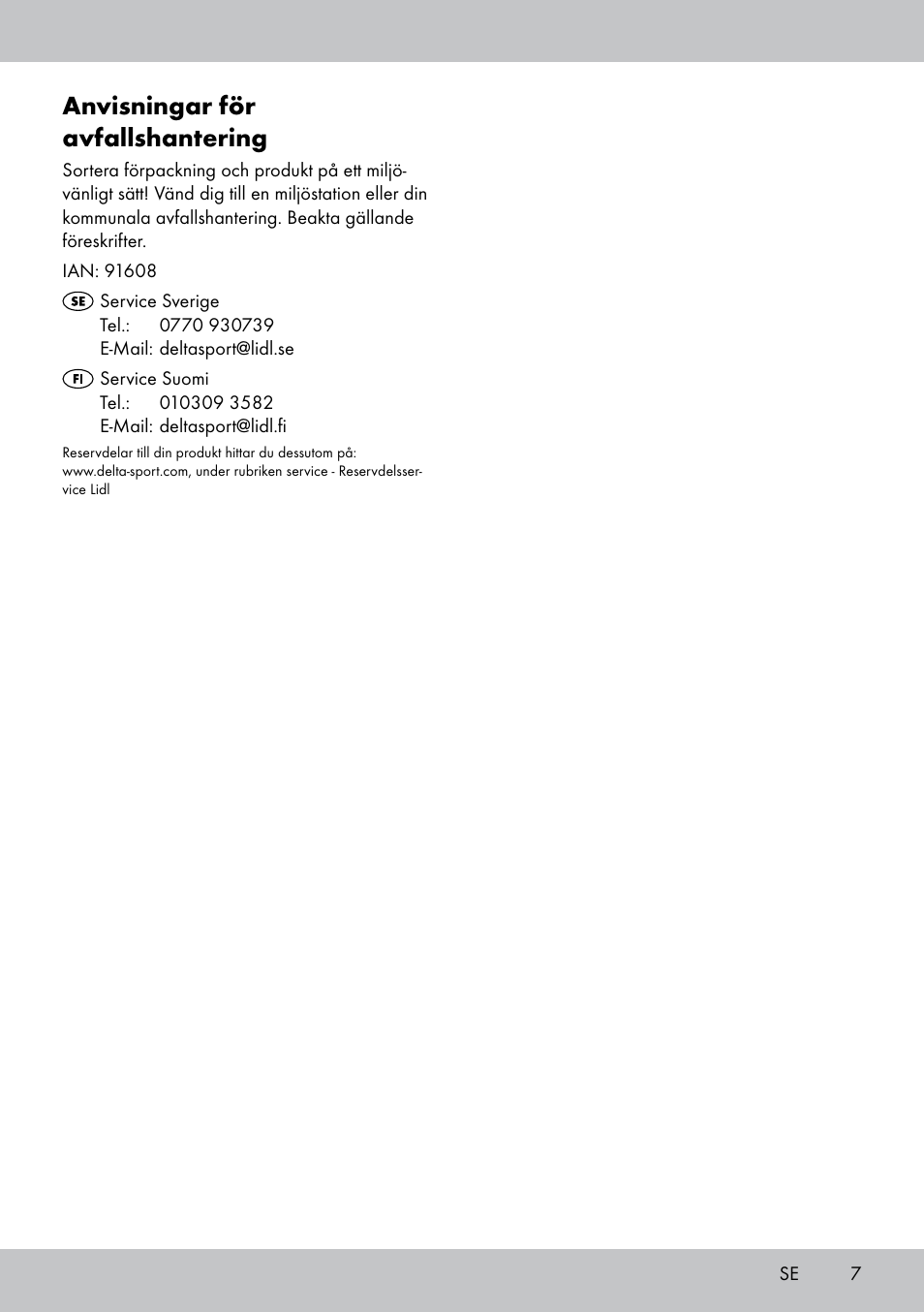 Anvisningar för avfallshantering | Melinera LS-1663 User Manual | Page 7 / 16