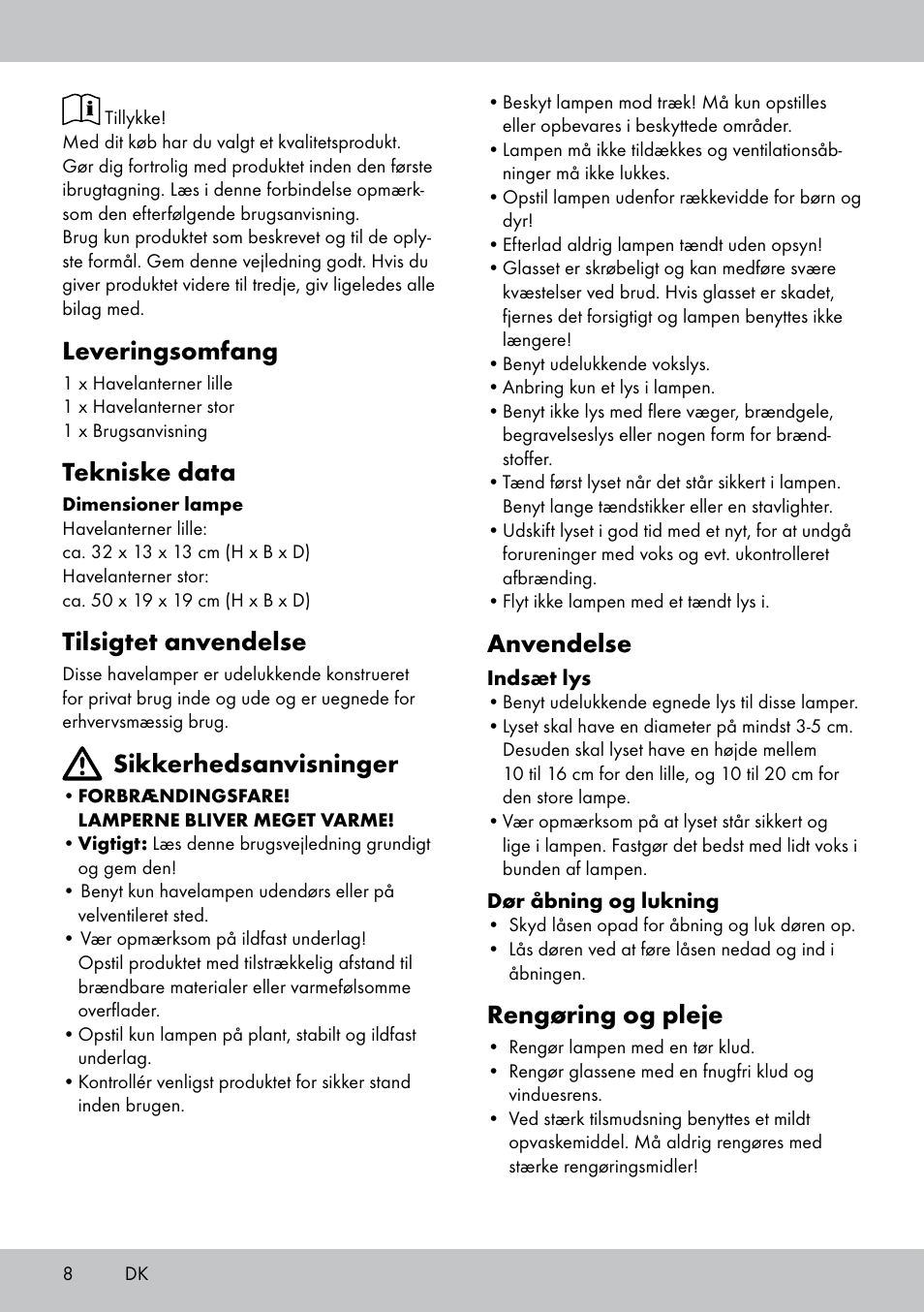 Leveringsomfang, Tekniske data, Tilsigtet anvendelse | Sikkerhedsanvisninger, Anvendelse, Rengøring og pleje | Melinera LS-1663 User Manual | Page 8 / 16