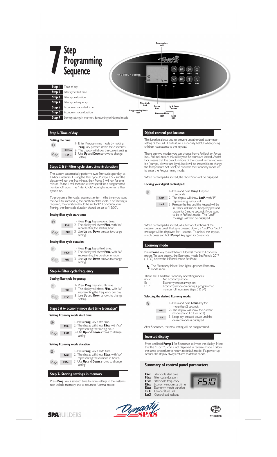 Step programming sequence | Dynasty Spas MC-MP-DY2 User Manual | Page 2 / 2