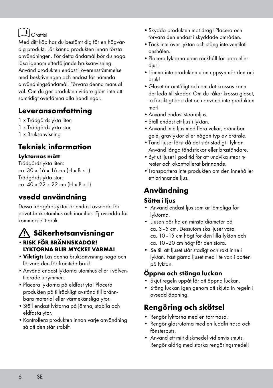 Leveransomfattning, Teknisk information, Vsedd användning | Säkerhetsanvisningar, Användning, Rengöring och skötsel | Melinera LS-1665 User Manual | Page 6 / 16