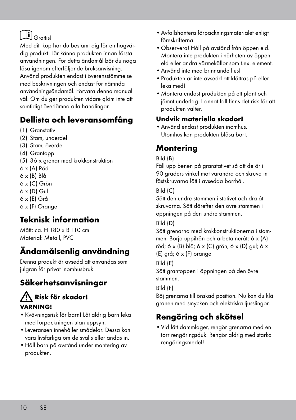 Dellista och leveransomfång, Teknisk information, Ändamålsenlig användning | Säkerhetsanvisningar, Montering, Rengöring och skötsel | Melinera WB-1661 User Manual | Page 10 / 20