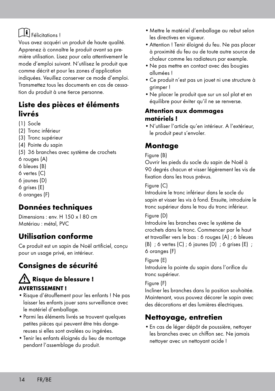 Liste des pièces et éléments livrés, Données techniques, Utilisation conforme | Consignes de sécurité, Montage, Nettoyage, entretien | Melinera WB-1661 User Manual | Page 14 / 20