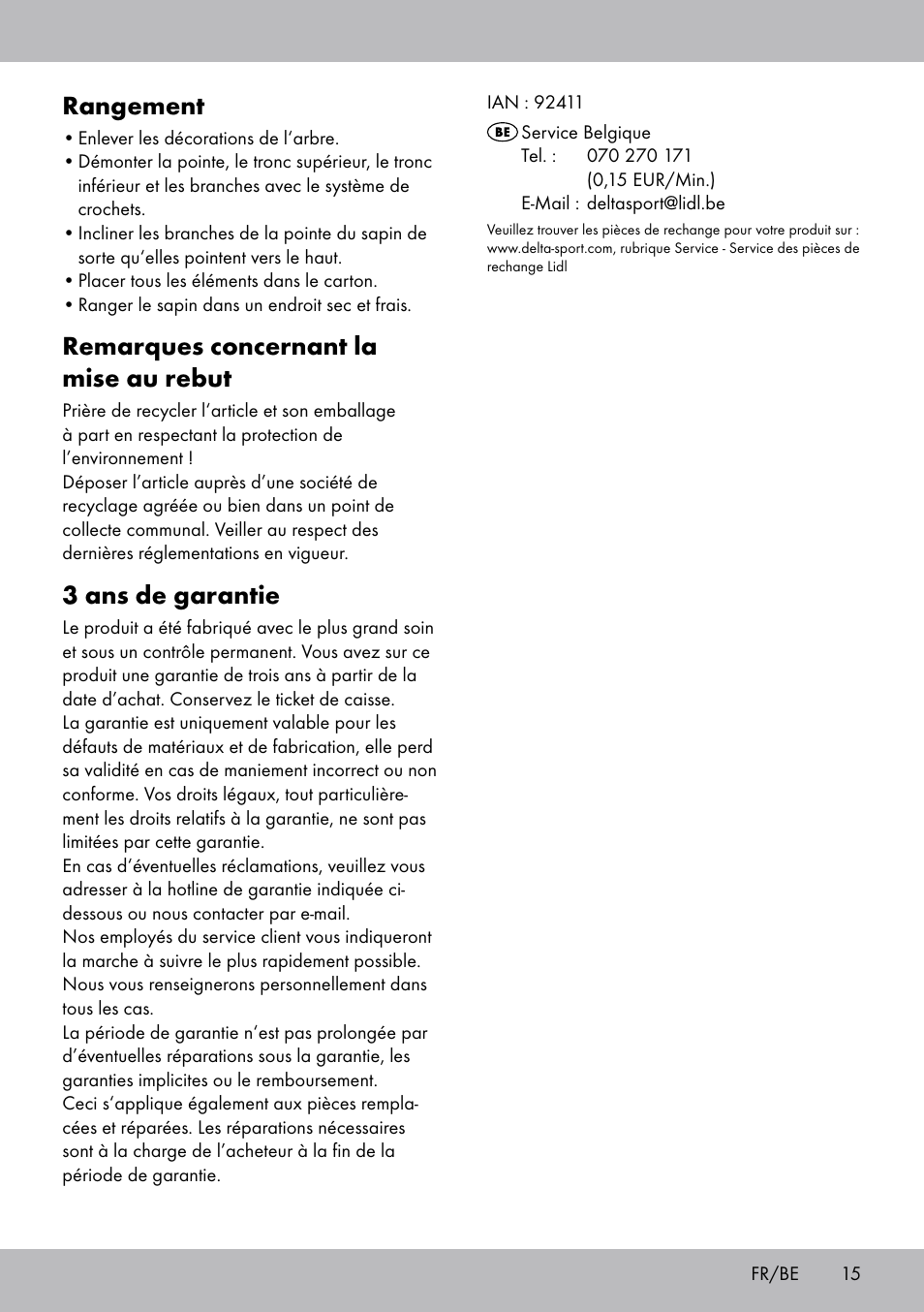 Rangement, Remarques concernant la mise au rebut, 3 ans de garantie | Melinera WB-1661 User Manual | Page 15 / 20