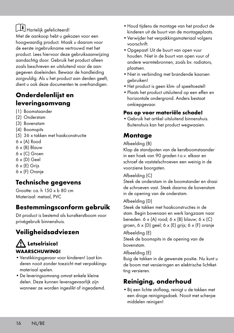 Onderdelenlijst en leveringsomvang, Technische gegevens, Bestemmingsconform gebruik | Veiligheidsadviezen, Montage, Reiniging, onderhoud | Melinera WB-1661 User Manual | Page 16 / 20