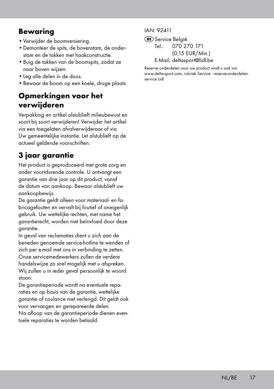 Bewaring, Opmerkingen voor het verwijderen, 3 jaar garantie | Melinera WB-1661 User Manual | Page 17 / 20