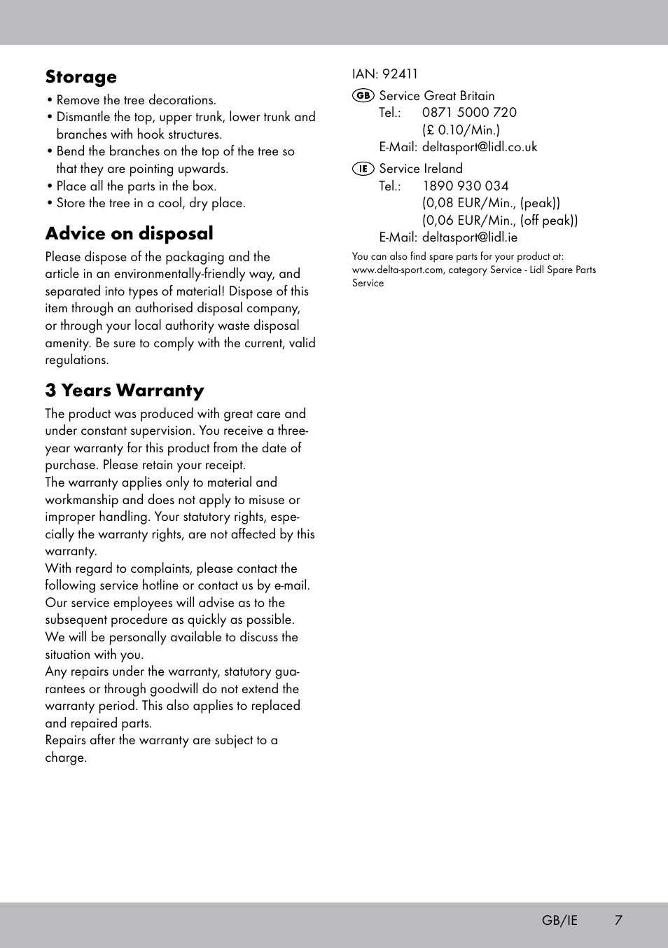 Storage, Advice on disposal, 3 years warranty | Melinera WB-1661 User Manual | Page 7 / 20