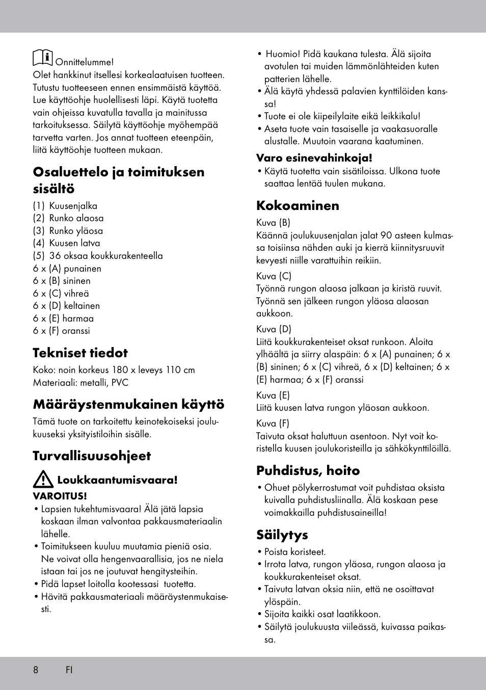 Osaluettelo ja toimituksen sisältö, Tekniset tiedot, Määräystenmukainen käyttö | Turvallisuusohjeet, Kokoaminen, Puhdistus, hoito, Säilytys | Melinera WB-1661 User Manual | Page 8 / 20