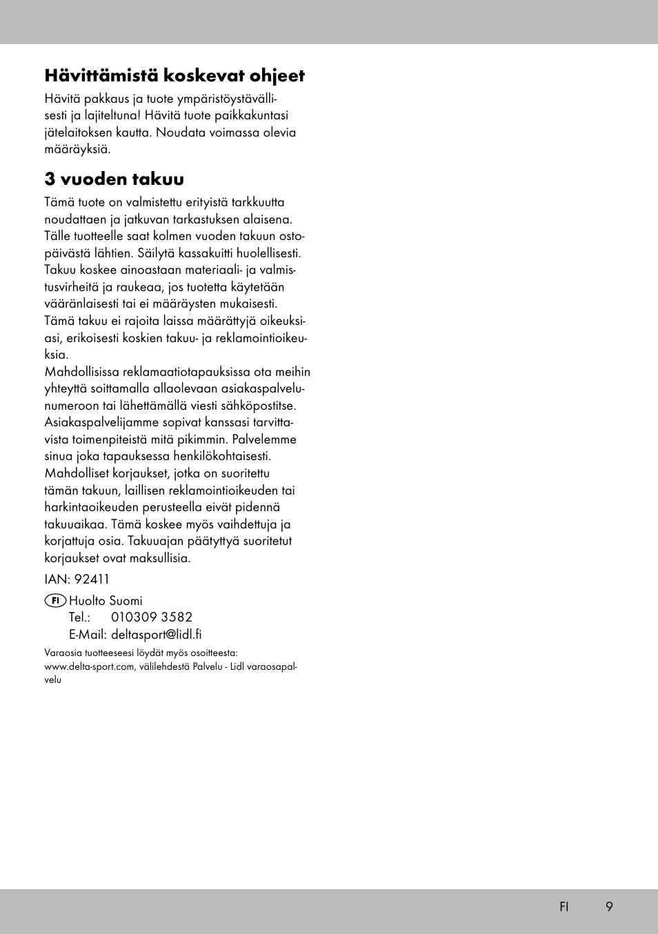 Hävittämistä koskevat ohjeet, 3 vuoden takuu | Melinera WB-1661 User Manual | Page 9 / 20