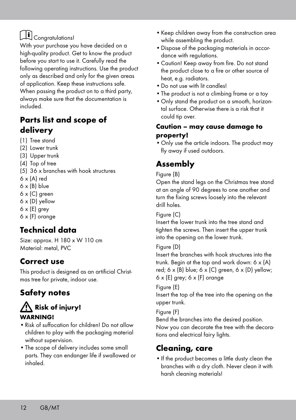 Parts list and scope of delivery, Technical data, Correct use | Assembly, Cleaning, care | Melinera WB-1661 User Manual | Page 12 / 16