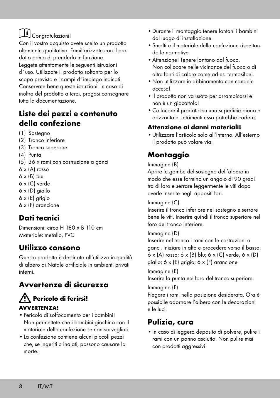 Liste dei pezzi e contenuto della confezione, Dati tecnici, Utilizzo consono | Avvertenze di sicurezza, Montaggio, Pulizia, cura | Melinera WB-1661 User Manual | Page 8 / 16