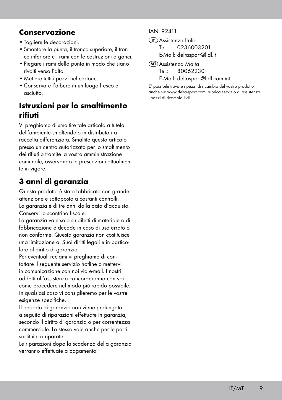Conservazione, Istruzioni per lo smaltimento rifiuti, 3 anni di garanzia | Melinera WB-1661 User Manual | Page 9 / 16