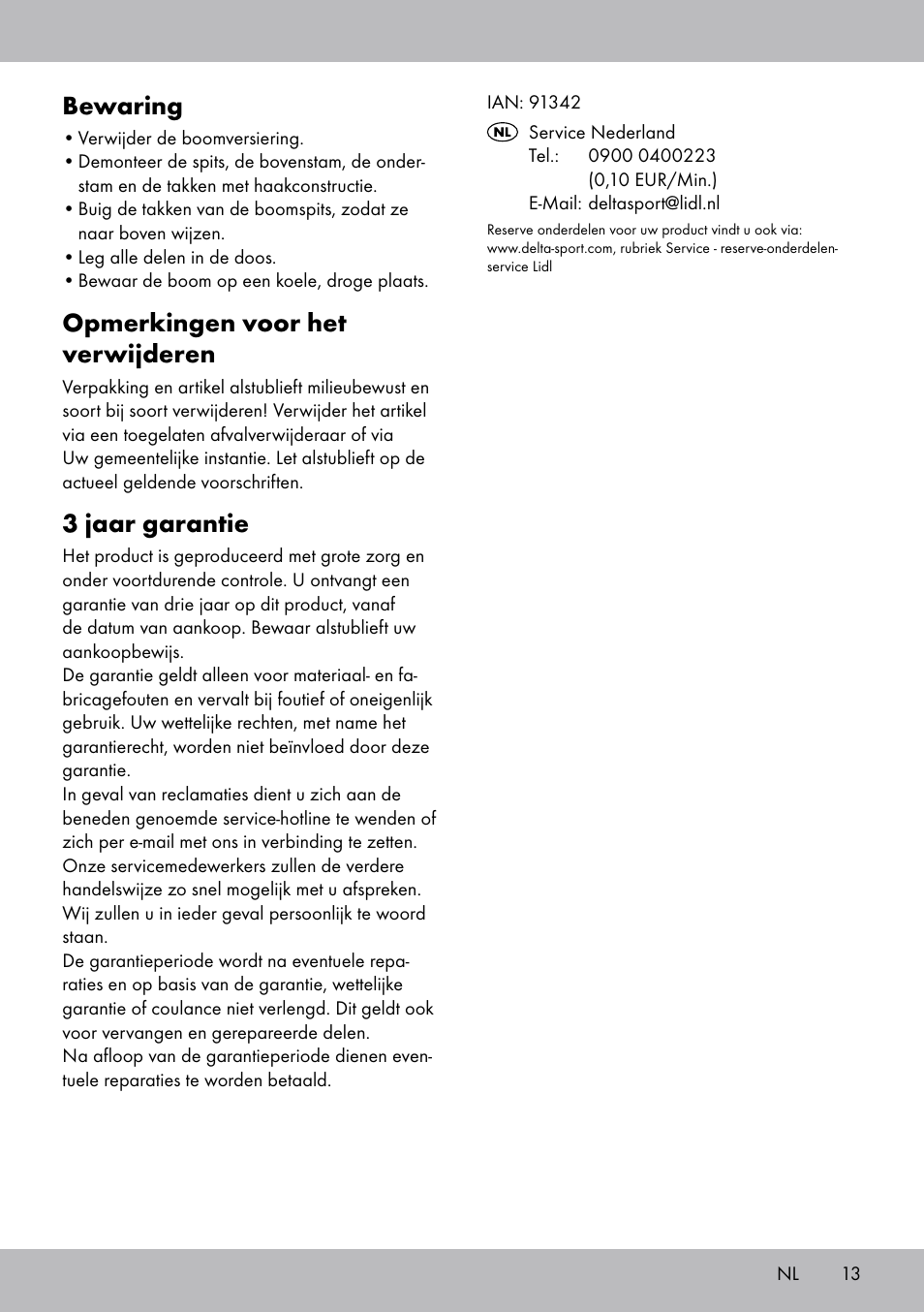 Bewaring, Opmerkingen voor het verwijderen, 3 jaar garantie | Melinera WB-1660 User Manual | Page 13 / 16