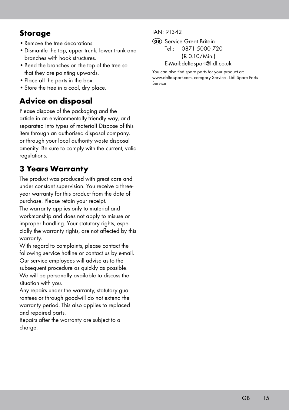 Storage, Advice on disposal, 3 years warranty | Melinera WB-1660 User Manual | Page 15 / 16