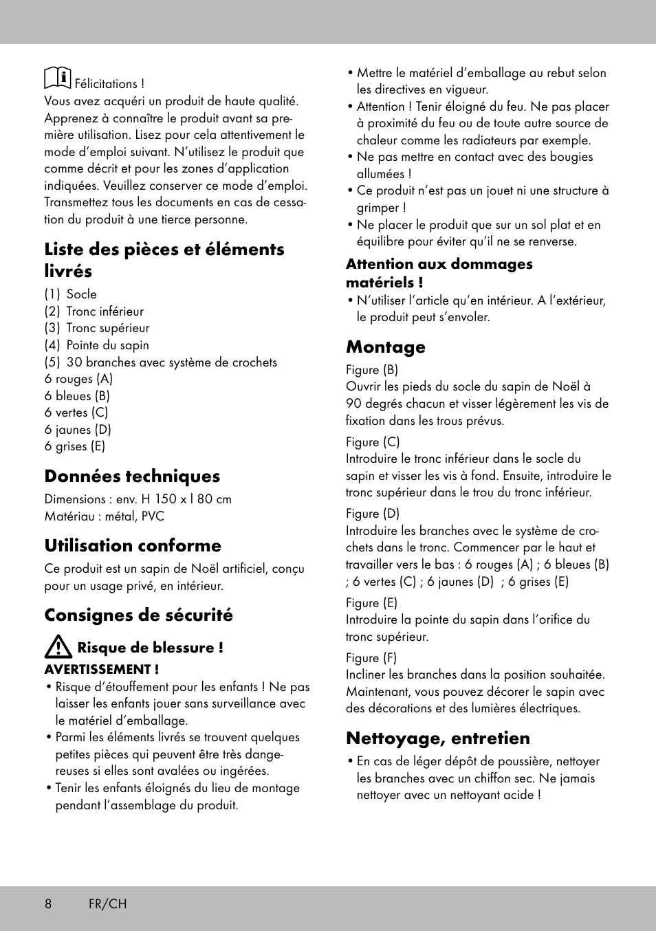 Liste des pièces et éléments livrés, Données techniques, Utilisation conforme | Consignes de sécurité, Montage, Nettoyage, entretien | Melinera WB-1660 User Manual | Page 8 / 16