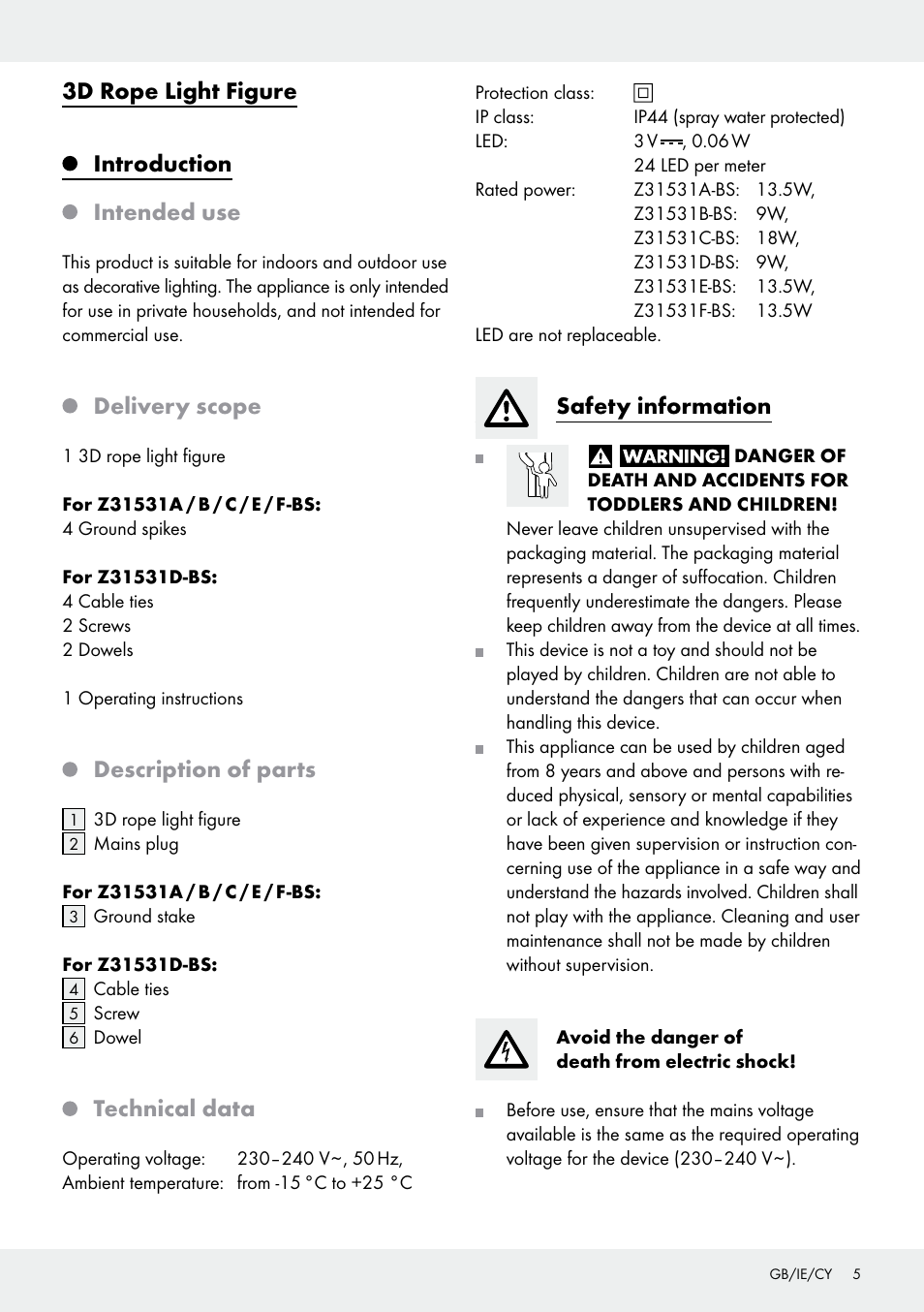 3d rope light figure, Introduction, Intended use | Delivery scope, Description of parts, Technical data, Safety information | Melinera Z31531 User Manual | Page 5 / 12