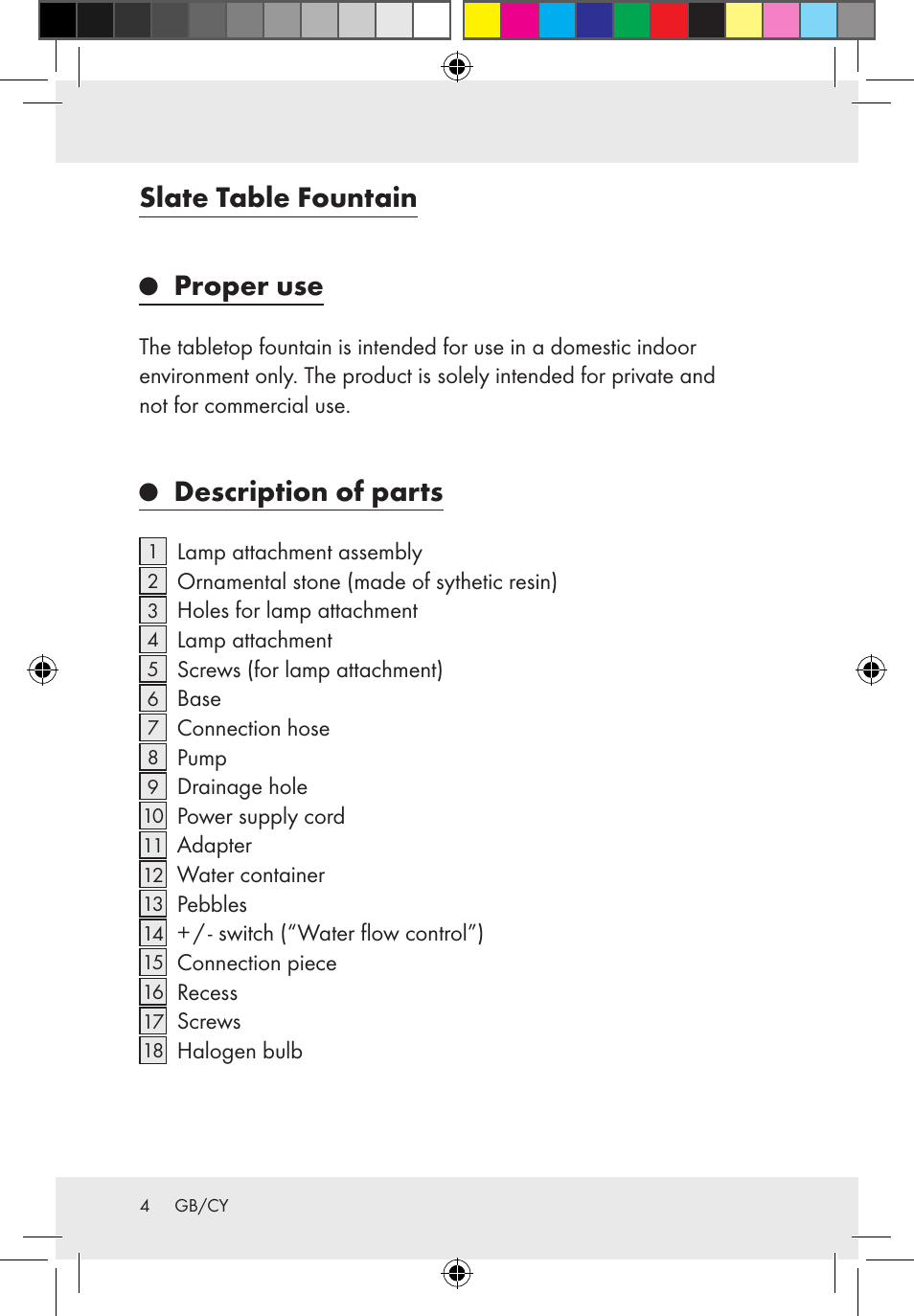 Slate table fountain, Proper use, Description of parts | Melinera Z31300-BS User Manual | Page 4 / 24