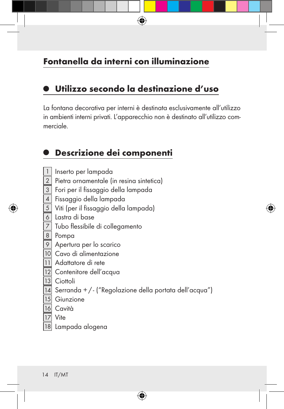 Fontanella da interni con illuminazione, Utilizzo secondo la destinazione d’uso, Descrizione dei componenti | Melinera Z31300-BS User Manual | Page 14 / 54