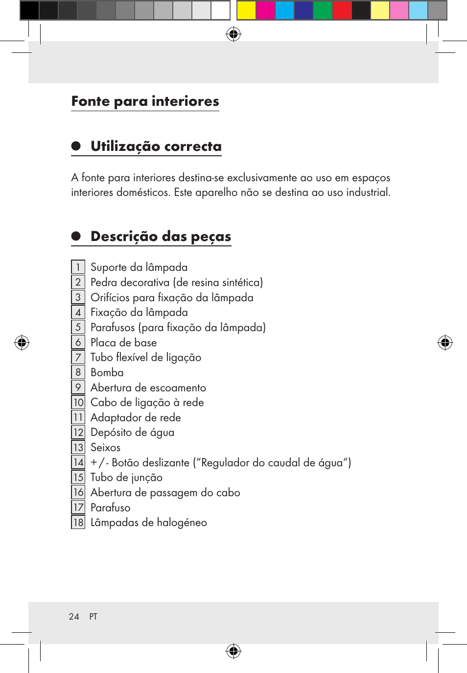 Fonte para interiores, Utilização correcta, Descrição das peças | Melinera Z31300-BS User Manual | Page 24 / 54