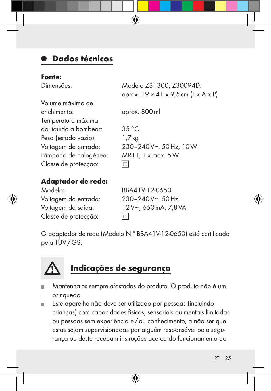 Dados técnicos, Indicações de segurança | Melinera Z31300-BS User Manual | Page 25 / 54