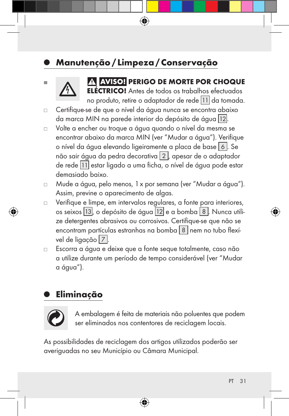 Manutenção / limpeza / conservação, Eliminação | Melinera Z31300-BS User Manual | Page 31 / 54