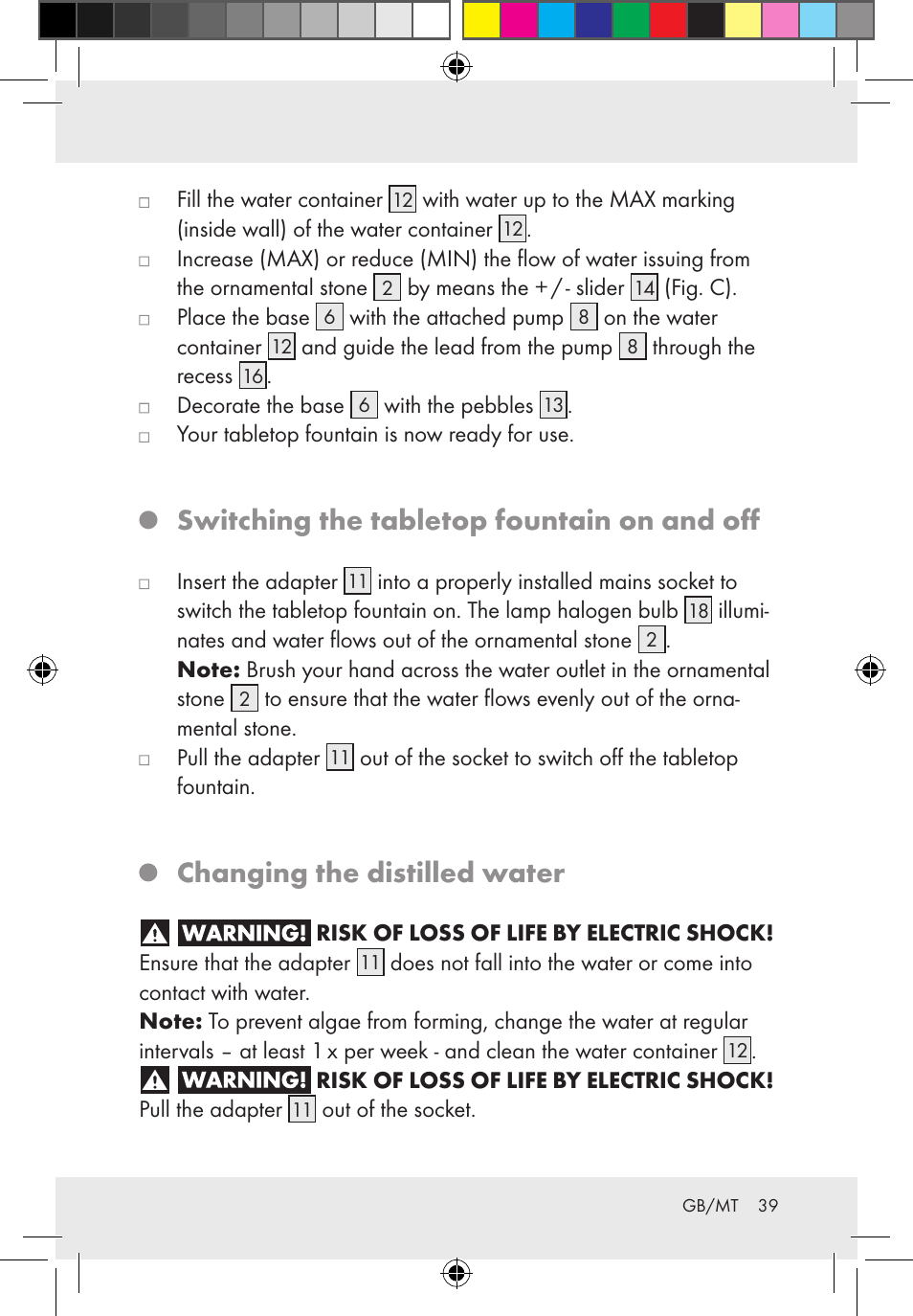 Switching the tabletop fountain on and off, Changing the distilled water | Melinera Z31300-BS User Manual | Page 39 / 54