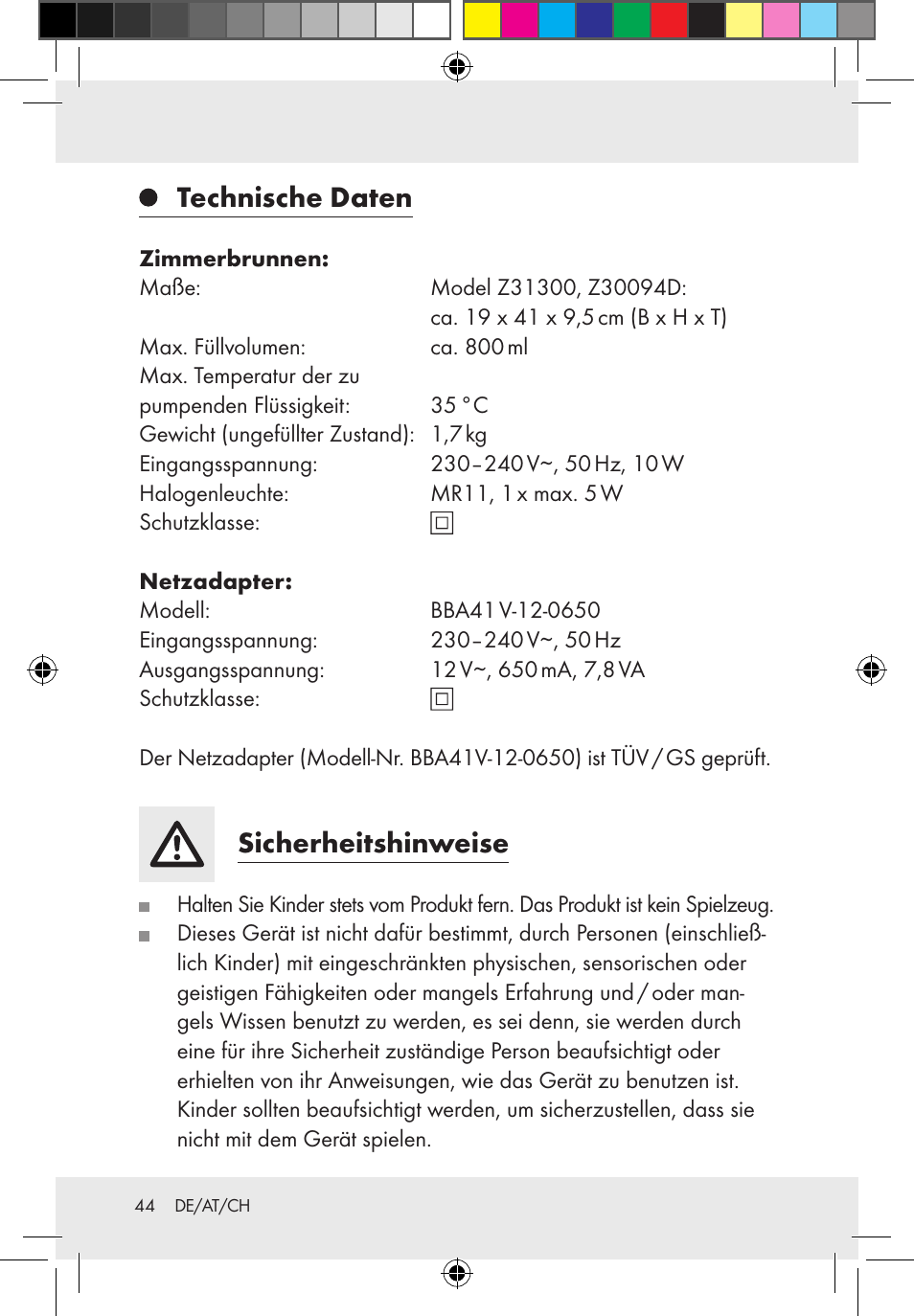 Technische daten, Sicherheitshinweise | Melinera Z31300-BS User Manual | Page 44 / 54