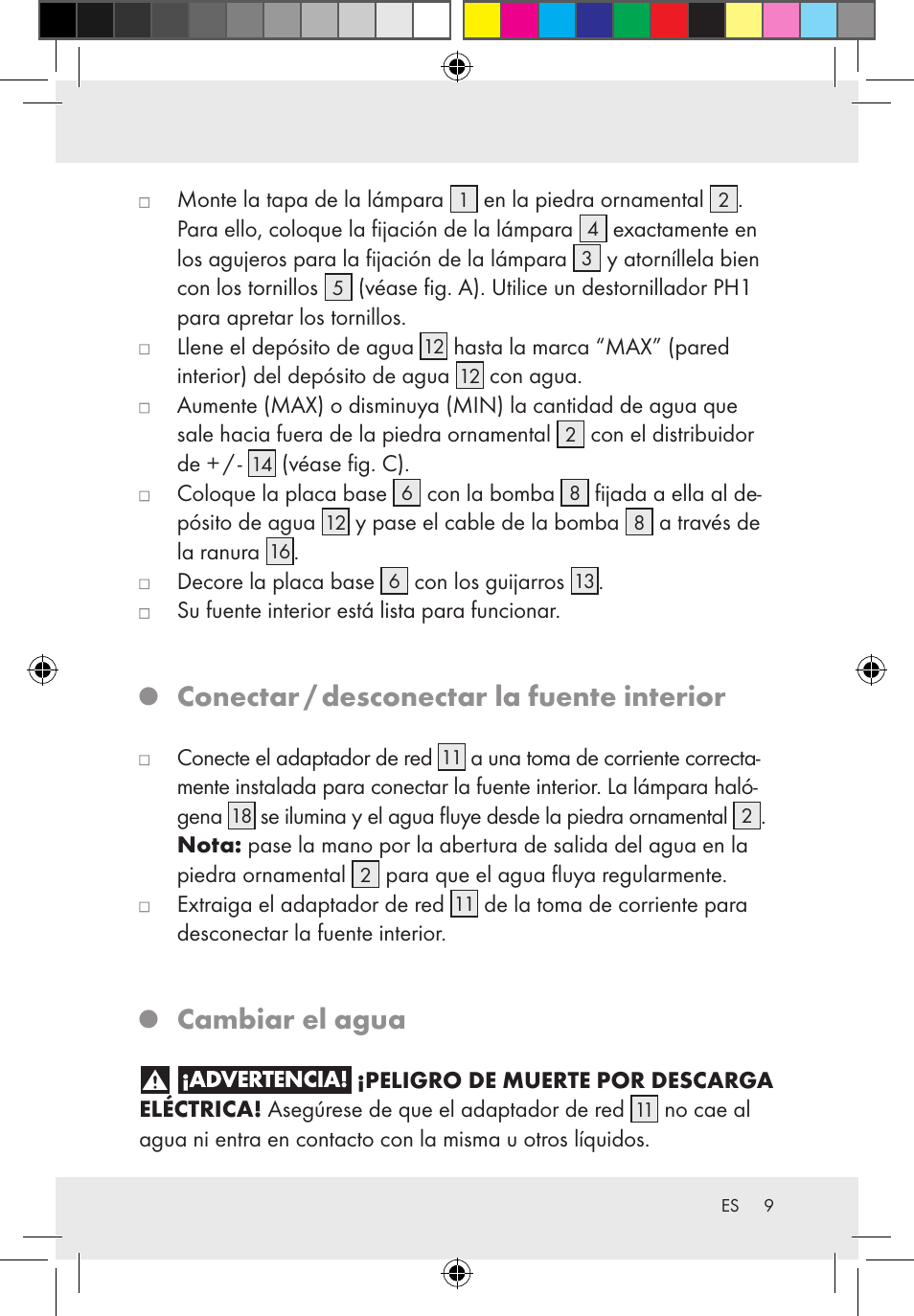 Conectar / desconectar la fuente interior, Cambiar el agua | Melinera Z31300-BS User Manual | Page 9 / 54