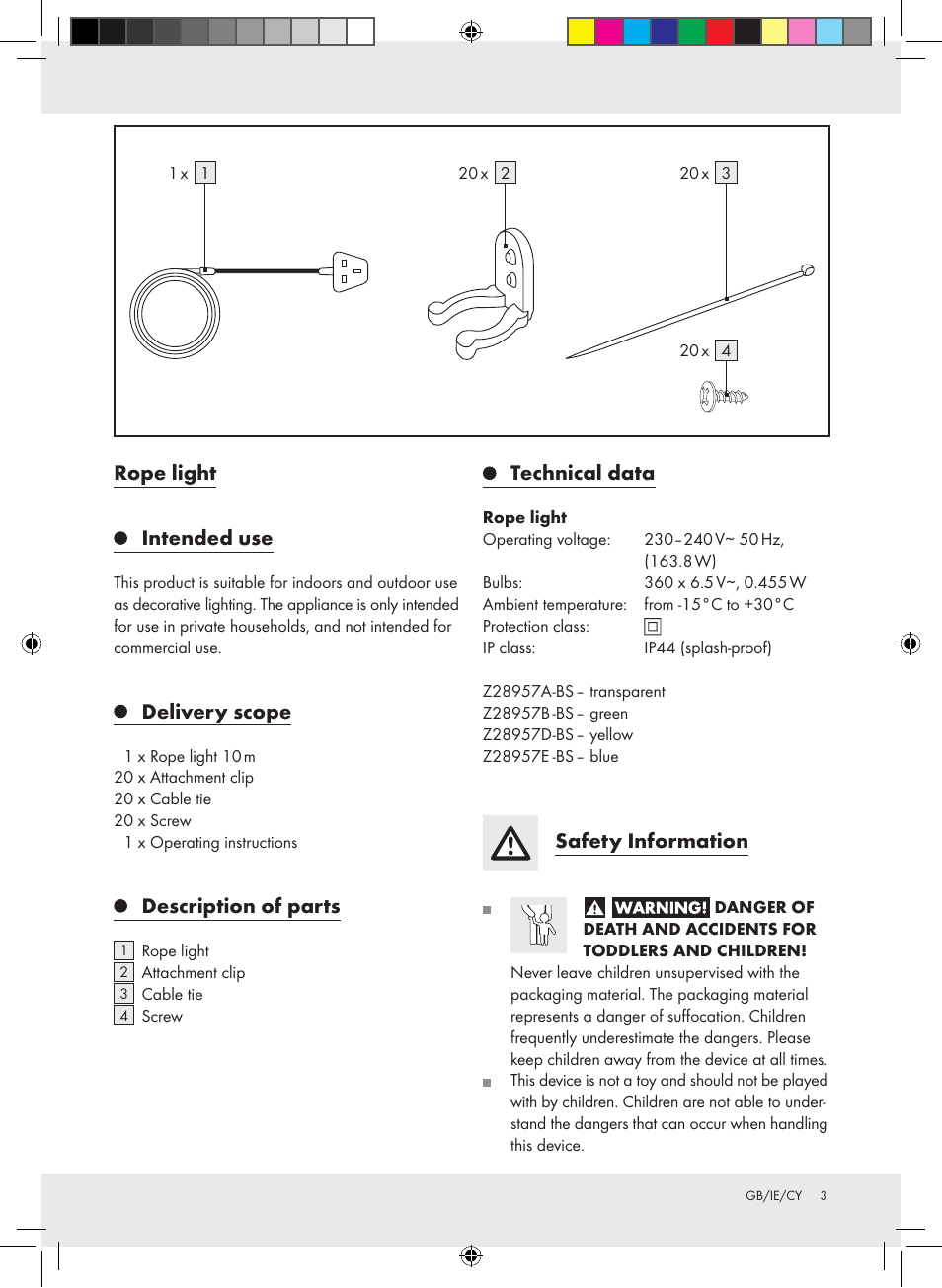 Rope light, Intended use, Delivery scope | Description of parts, Technical data, Safety information | Melinera Z28957A-BS User Manual | Page 3 / 9