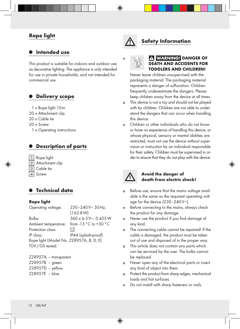 Rope light, Intended use, Delivery scope | Description of parts, Technical data, Safety information | Melinera Z28957A-BS User Manual | Page 12 / 18