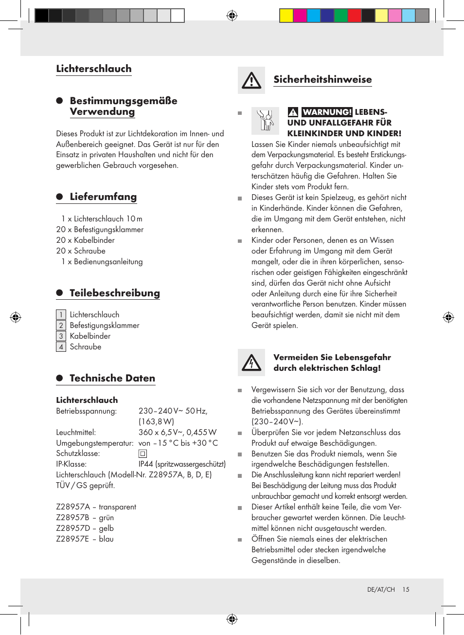 Lichterschlauch, Bestimmungsgemäße verwendung, Lieferumfang | Teilebeschreibung, Technische daten, Sicherheitshinweise | Melinera Z28957A-BS User Manual | Page 15 / 18