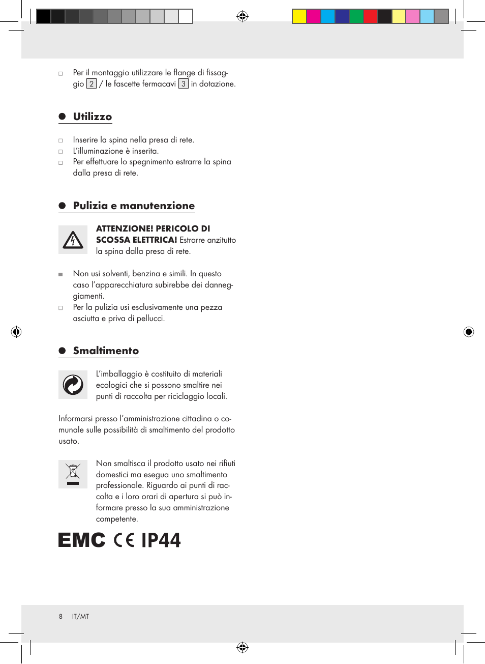 Utilizzo, Pulizia e manutenzione, Smaltimento | Melinera Z28957A-BS User Manual | Page 8 / 18