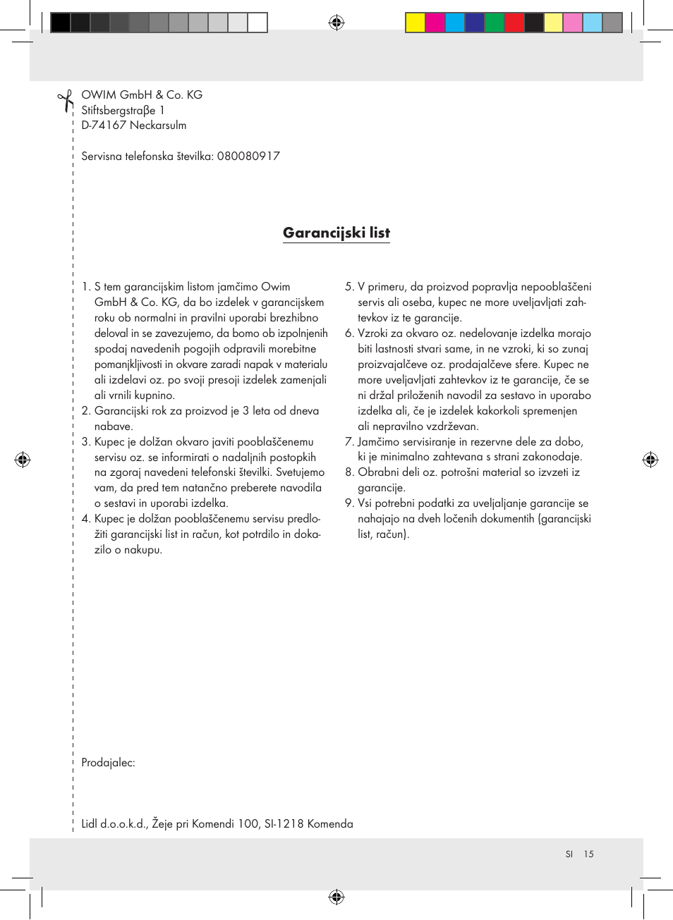 Garancijski list | Melinera Z28957A-BS User Manual | Page 15 / 25