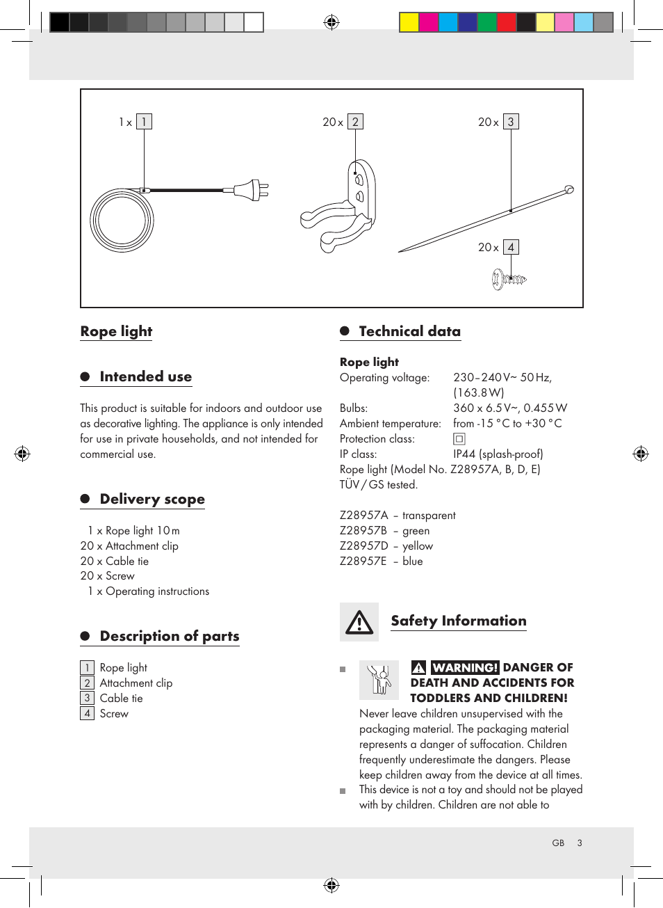Rope light, Intended use, Delivery scope | Description of parts, Technical data, Safety information | Melinera Z28957A-BS User Manual | Page 3 / 25